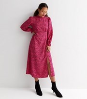 New Look Pink Animal Print High Neck Long Puff Sleeve Split Hem Midi Dress